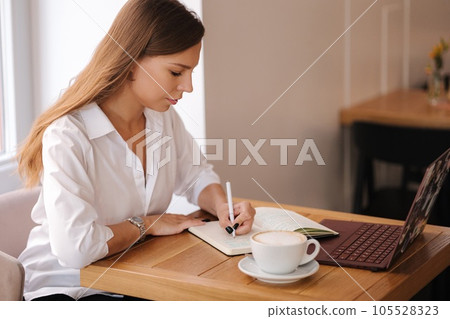 Attractive business lady working in cafe. Female using laptop for studying by video course. Attractive business lady working in cafe. Female using laptop for studying by video course. 105528323
