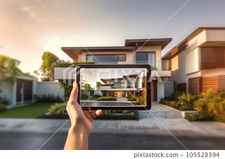 Hands holding tablet showing modern home. Virtual open house showing or online tour. Generative AI Hands holding tablet showing modern home. Virtual open house showing or online tour. Generative AI 105528394