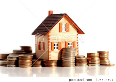Small house and stack of coins on white background. Concept of investment property. Generative AI Small house and stack of coins on white background. Concept of investment property. Generative AI 105528395