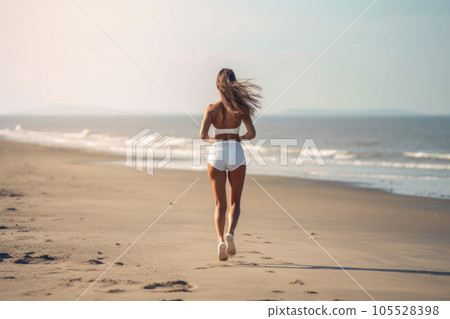 A girl jogging along the seaside. A healthy lifestyle and an effortless way of life. Generative AI A girl jogging along the seaside. A healthy lifestyle and an effortless way of life. Generative AI 105528398