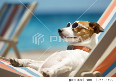 Jack russell terrier dog with sunglasses sunbathing on sun lounger. Generative AI Jack russell terrier dog with sunglasses sunbathing on sun lounger. Generative AI 105528399