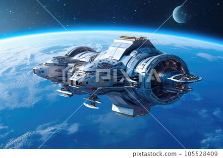 A futuristic intergalactic spaceship on the background of a blue planet. Generative AI 105528409