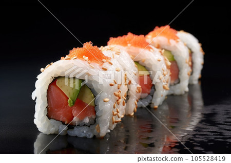 Maki rolls in row with salmon avocado tuna Stock