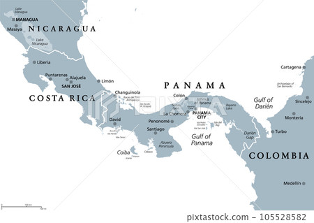 Costa Rica and Panama, gray political map, with the Isthmus of Panama and the Darien Gap. Narrow strip of land and region between the Caribbean Sea and Pacific Ocean, linking North and South America. 105528582