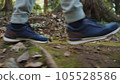 Person Trips Forest and Walking Outdoors in Woodland Nature or Workout in Park Alone. Scene of Adult Male Traveler Explores Rural Hill in Garden Landscape. Concept of Man Exercises on Feet Close up 4k 105528586