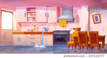 Broken flood kitchen room cartoon vector interior Broken flood kitchen room cartoon vector interior 105528777
