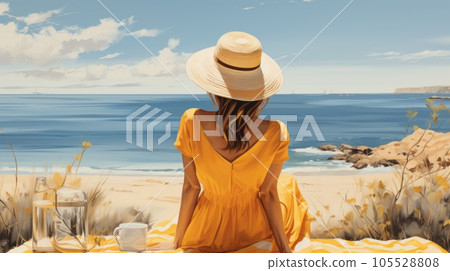 Beautiful woman in a sun hat enjoying the...-插圖素材 [105528808] - PIXTA圖庫