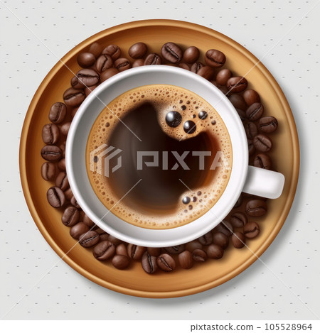 A freshly brewed cup of coffee with a rich and bold flavor, complete with coffee beans. Isolated on a white background. This image is AI Generative. 105528964