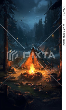 Night forest camp and bonfire Generative AI Night forest camp and bonfire Generative AI 105529200