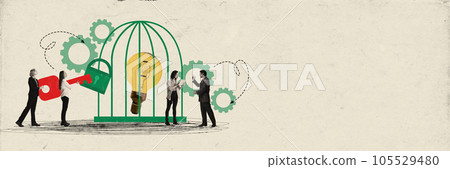 Banner. Contemporary art collage. People want to start new project, unlock startup. Employers opening with guge key electric bulb in cage. 105529480