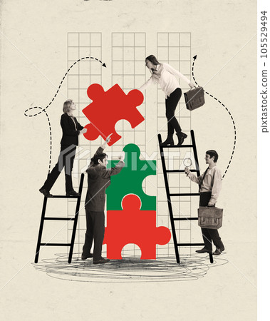 Contemporary art collage. People making puzzles with ladder, symbolizing team work. Contemporary art collage. People making puzzles with ladder, symbolizing team work. 105529494
