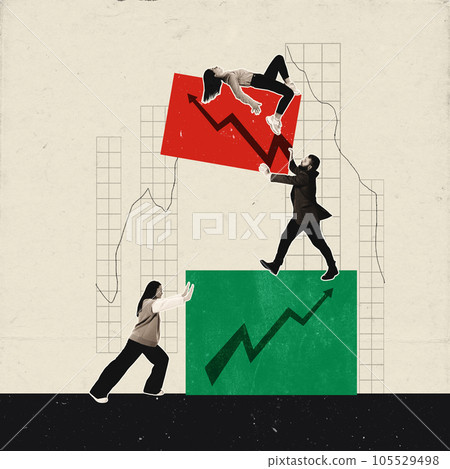 Contemporary art collage of employers in suits holding large big cube, and anothe lying on graph. Conceptual artwork. 105529498