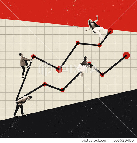 Contemporary art collage. Motivated employees climbing upwards arrows of graphs symbolizing promotion and success. Contemporary art collage. Motivated employees climbing upwards arrows of graphs symbolizing promotion and success. 105529499