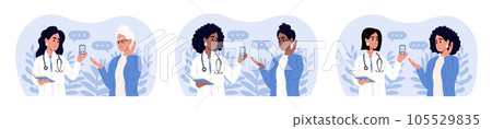 A smiling female doctor measures a woman's sugar level with a glucometer. World diabetes day banner. Doctors and patients of different races and ages. A smiling female doctor measures a woman's sugar level with a glucometer. World diabetes day banner. Doctors and patients of different races and ages. 105529835