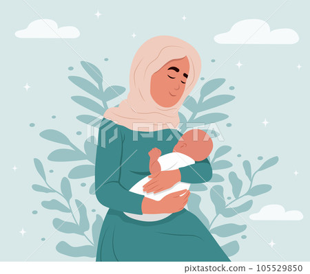 Illustration of breastfeeding, a muslim mother breastfeeds a child.World Breastfeeding Week. August 1-7. Illustrations in cartoon style. Illustration of breastfeeding, a muslim mother breastfeeds a child.World Breastfeeding Week. August 1-7. Illustrations in cartoon style. 105529850