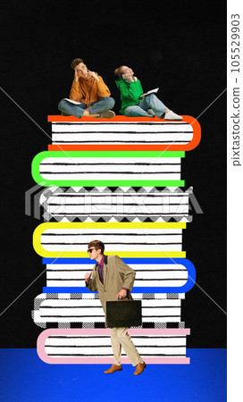 Young people with gadgets sitting on stack of books thinking and calling over black mode background. Contemporary art collage. 105529903