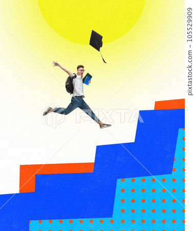 Artwork of running up stairs ambitious and energetic student with bag over gradient white and yellow background. Contemporary art collage. Artwork of running up stairs ambitious and energetic student with bag over gradient white and yellow background. Contemporary art collage. 105529909