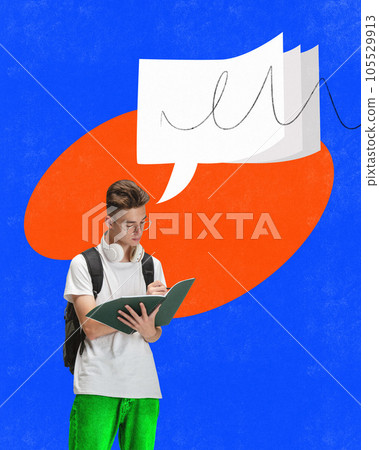 Young guy, student with speech bubble takes notes in copybook over bright painted background. Contemporary art collage. 105529913