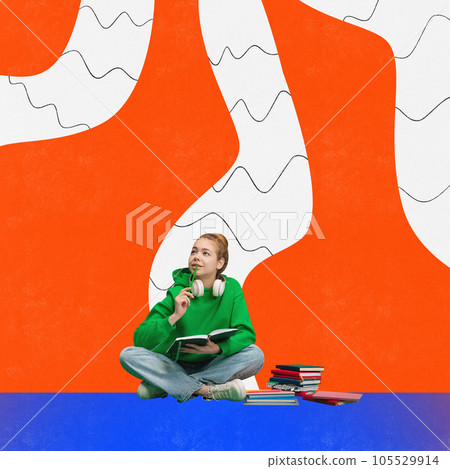 Beautiful girl, student with headphones sitting on the floor write notes after reading over bright white and orange painted background. Contemporary art collage. 105529914