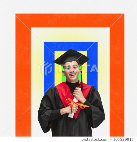 Portrait of young smiling boy in graduation gown with diploma in hands over painting background. Contemporary art collage. 105529915