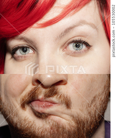 Human face made from portrait of half-face of man and woman expressing different emotions 105530002