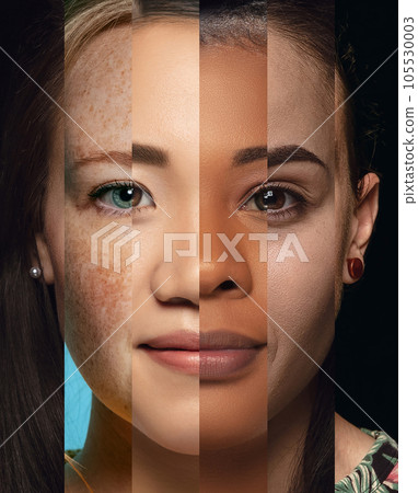 Human face made from different portrait of men and women of diverse age and race. Combination of faces. 105530003
