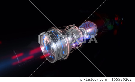 3D model detailed silhouette of generated engineering turbine. Aircraft Engine wireframe animation. Technology rotation and scanning. 105530262