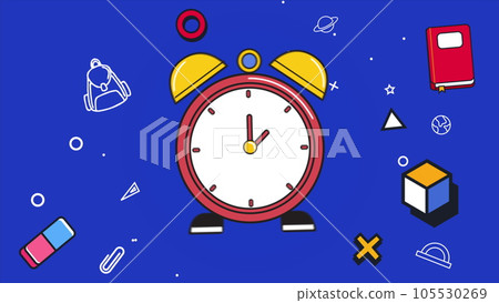 Educational Back to School animated blue background with science and educational elements. 3D animation with alarm clock. Educational Back to School animated blue background with science and educational elements. 3D animation with alarm clock. 105530269