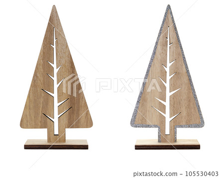 Wooden carved Christmas tree on white isolated background. Design element. Eco-friendly. New Year Wooden carved Christmas tree on white isolated background. Design element. Eco-friendly. New Year 105530403
