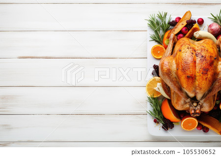 thanksgiving dinner with roasted turkey on white wooden table.Top view. Copy space 105530652