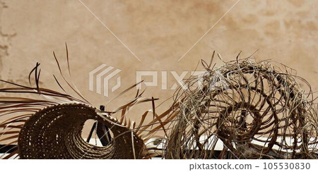 Summer in the City: Straw Hats Against a Wall. Horizontal banner Summer in the City: Straw Hats Against a Wall. Horizontal banner 105530830
