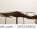 Sepia-Toned Straw Umbrellas on Beach Overlooking the Ocean. 105530831