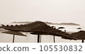 Sepia-Toned Straw Umbrellas on Beach Overlooking the Ocean.Horizontal banner 105530832