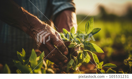 Farmer hands planting sprouts in the field. Concept of farming and planting 105531231