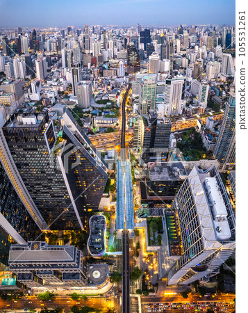 Aerial view of Ploenchit road in Bangkok Downtown, financial district and business center, Thailand 105531261