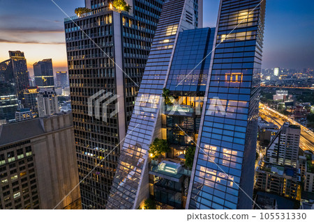 Aerial view of Ploenchit road by night in Bangkok Downtown, financial district and business center 105531330