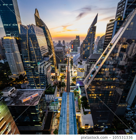 Aerial view of Ploenchit road by night in Bangkok Downtown, financial district and business center 105531336