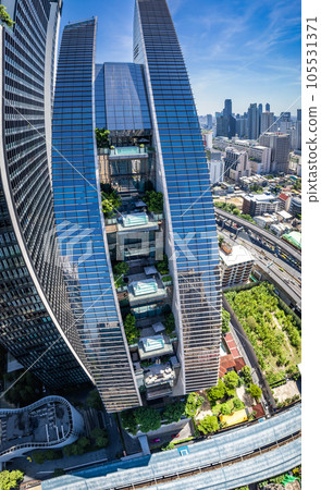 Aerial view of Ploenchit road in Bangkok Downtown, financial district and business center, Thailand Aerial view of Ploenchit road in Bangkok Downtown, financial district and business center, Thailand 105531371