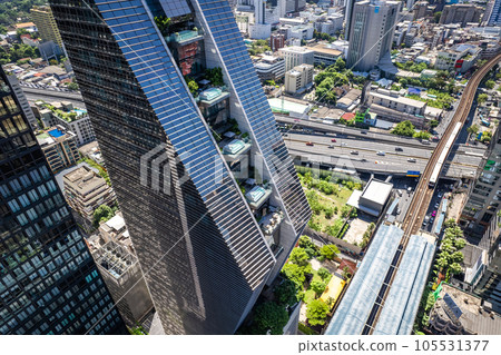 Aerial view of Ploenchit road in Bangkok Downtown, financial district and business center, Thailand 105531377