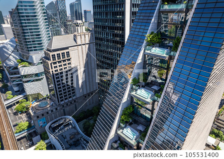 Aerial view of Ploenchit road in Bangkok Downtown, financial district and business center, Thailand Aerial view of Ploenchit road in Bangkok Downtown, financial district and business center, Thailand 105531400