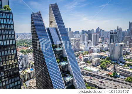 Aerial view of Ploenchit road in Bangkok Downtown, financial district and business center, Thailand 105531407