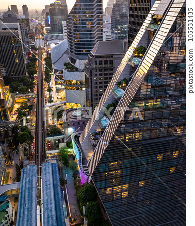 Aerial view of Ploenchit road by night in Bangkok Downtown, financial district and business center 105531435