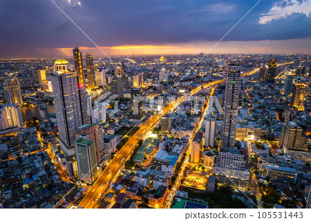 Aerial view of Saphan Taksin and Chao Phraya river in Bangkok, Thailand Aerial view of Saphan Taksin and Chao Phraya river in Bangkok, Thailand 105531443