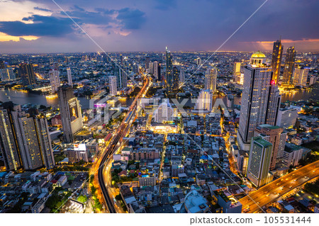 Aerial view of Saphan Taksin and Chao Phraya river in Bangkok, Thailand Aerial view of Saphan Taksin and Chao Phraya river in Bangkok, Thailand 105531444