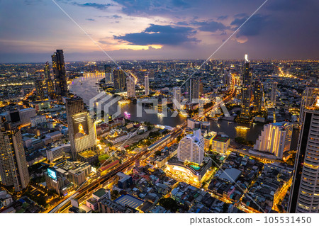 Aerial view of Saphan Taksin and Chao Phraya river in Bangkok, Thailand 105531450