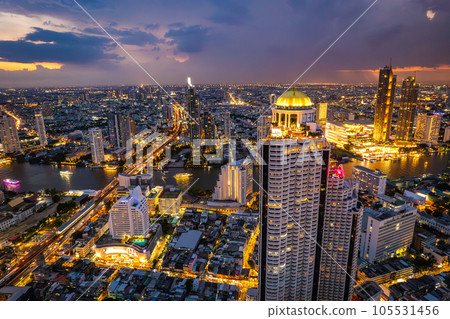 Aerial view of Saphan Taksin and Chao Phraya river in Bangkok, Thailand Aerial view of Saphan Taksin and Chao Phraya river in Bangkok, Thailand 105531456