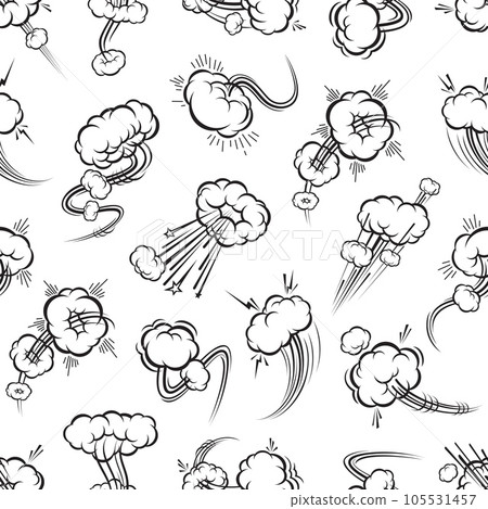 Comic speed motion bubbles. Speed trails seamless pattern. Wrapping paper, fabric or wallpaper seamless print, vector background or backdrop with puff, air or energy blast, explosion comical effects Comic speed motion bubbles. Speed trails seamless pattern. Wrapping paper, fabric or wallpaper seamless print, vector background or backdrop with puff, air or energy blast, explosion comical effects 105531457