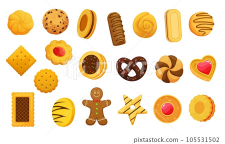 Cartoon chocolate, cracker and gingerbread cookies, isolated vector set. Biscuit and cookie cakes, bakery pastry and sweet bite icons, pastry sugar food cracker, choco cream cookie and butter biscuit Cartoon chocolate, cracker and gingerbread cookies, isolated vector set. Biscuit and cookie cakes, bakery pastry and sweet bite icons, pastry sugar food cracker, choco cream cookie and butter biscuit 105531502
