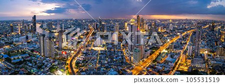 Aerial view of Saphan Taksin and Chao Phraya river in Bangkok, Thailand Aerial view of Saphan Taksin and Chao Phraya river in Bangkok, Thailand 105531519