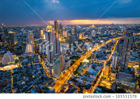 Aerial view of Saphan Taksin and Chao Phraya river in Bangkok, Thailand Aerial view of Saphan Taksin and Chao Phraya river in Bangkok, Thailand 105531578